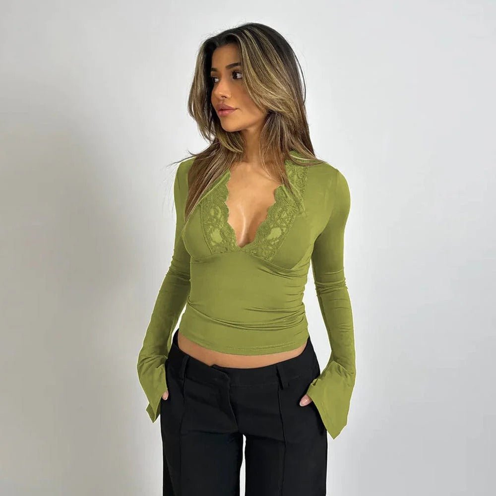 Women’s Lace Bell Sleeve Top with V - Neck Silhouette for Elegant Styling