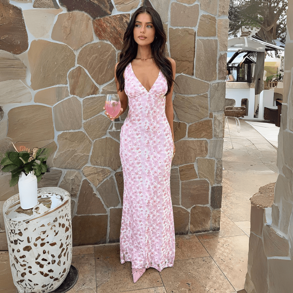 Women’s Lace Maxi Dress with V - Neck and Open Back – Wedding Guest Dress