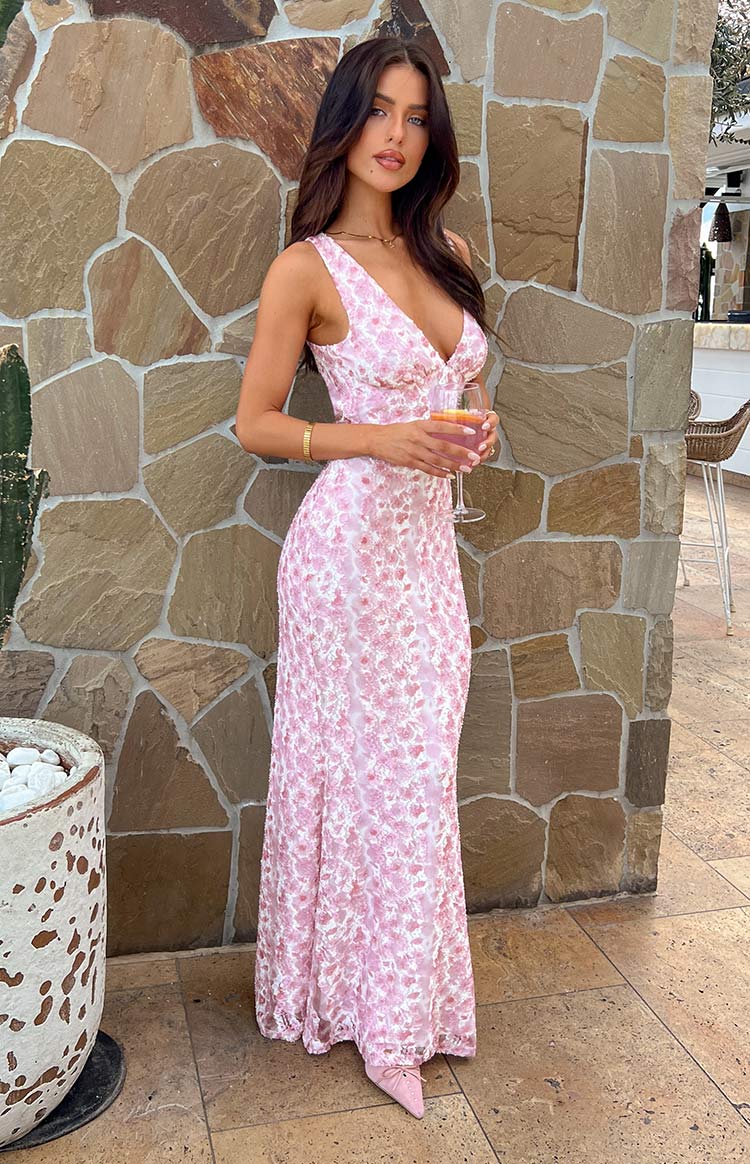 Women’s Lace Maxi Dress with V - Neck and Open Back – Wedding Guest Dress
