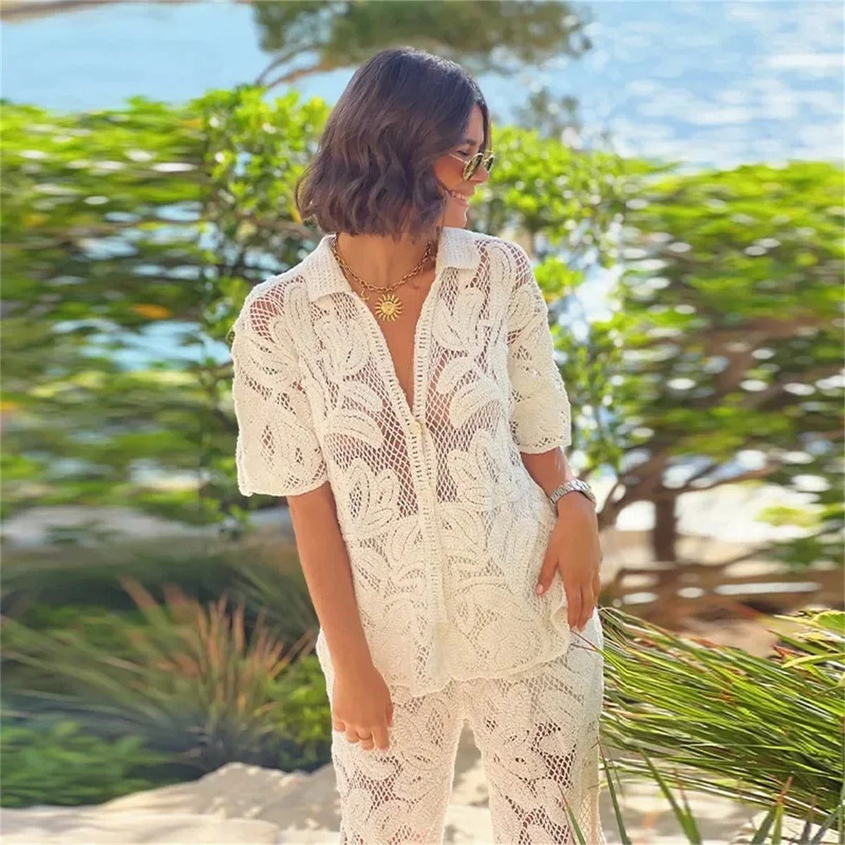 Women’s Lace Two - Piece Set with Short Sleeve Top and Wide - Leg Pants