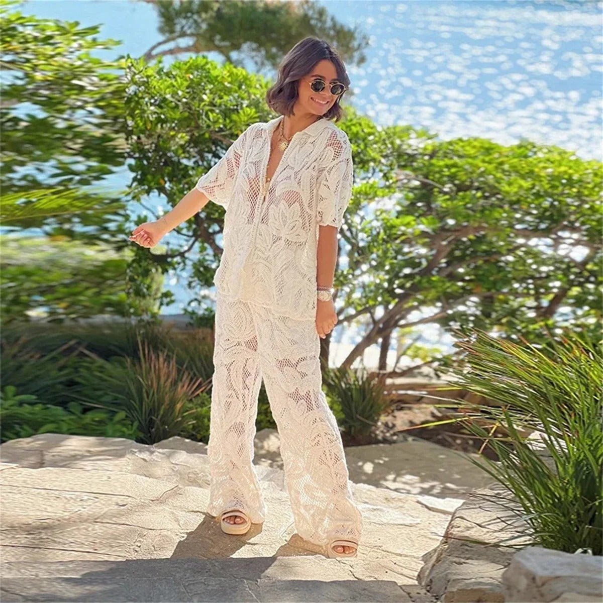 Women’s Lace Two - Piece Set with Short Sleeve Top and Wide - Leg Pants
