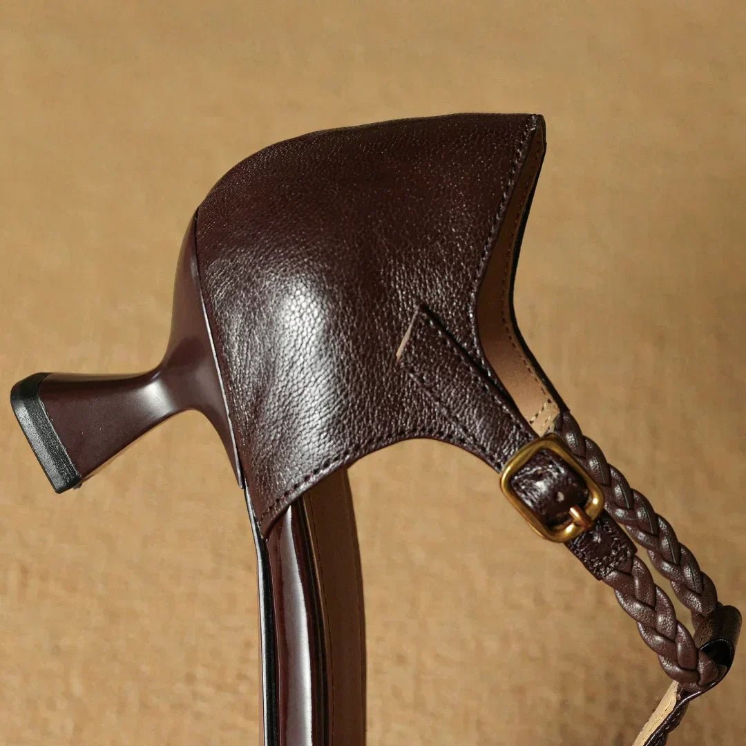 Women’s Leather T - Strap Sandals with Braided Detail and Block Heel