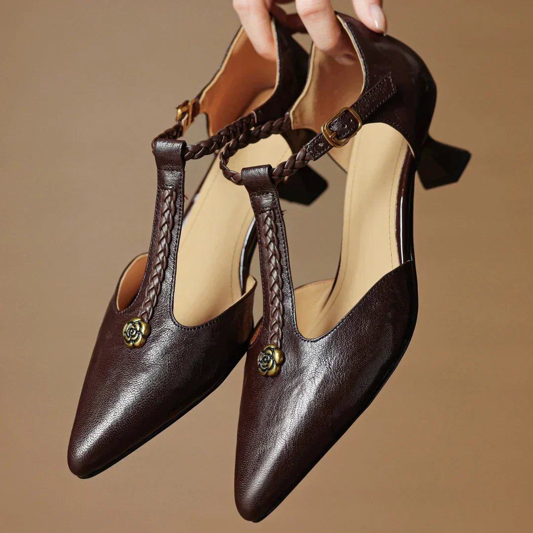 Women’s Leather T - Strap Sandals with Braided Detail and Block Heel