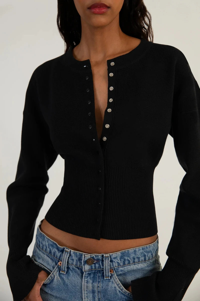 Women’s Long Sleeve Cropped Button - Front Cardigan with Ribbed Waist