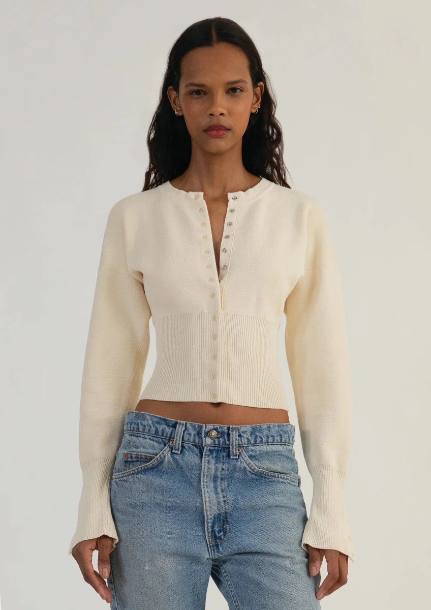 Women’s Long Sleeve Cropped Button - Front Cardigan with Ribbed Waist