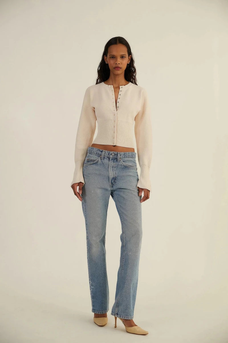 Women’s Long Sleeve Cropped Button - Front Cardigan with Ribbed Waist