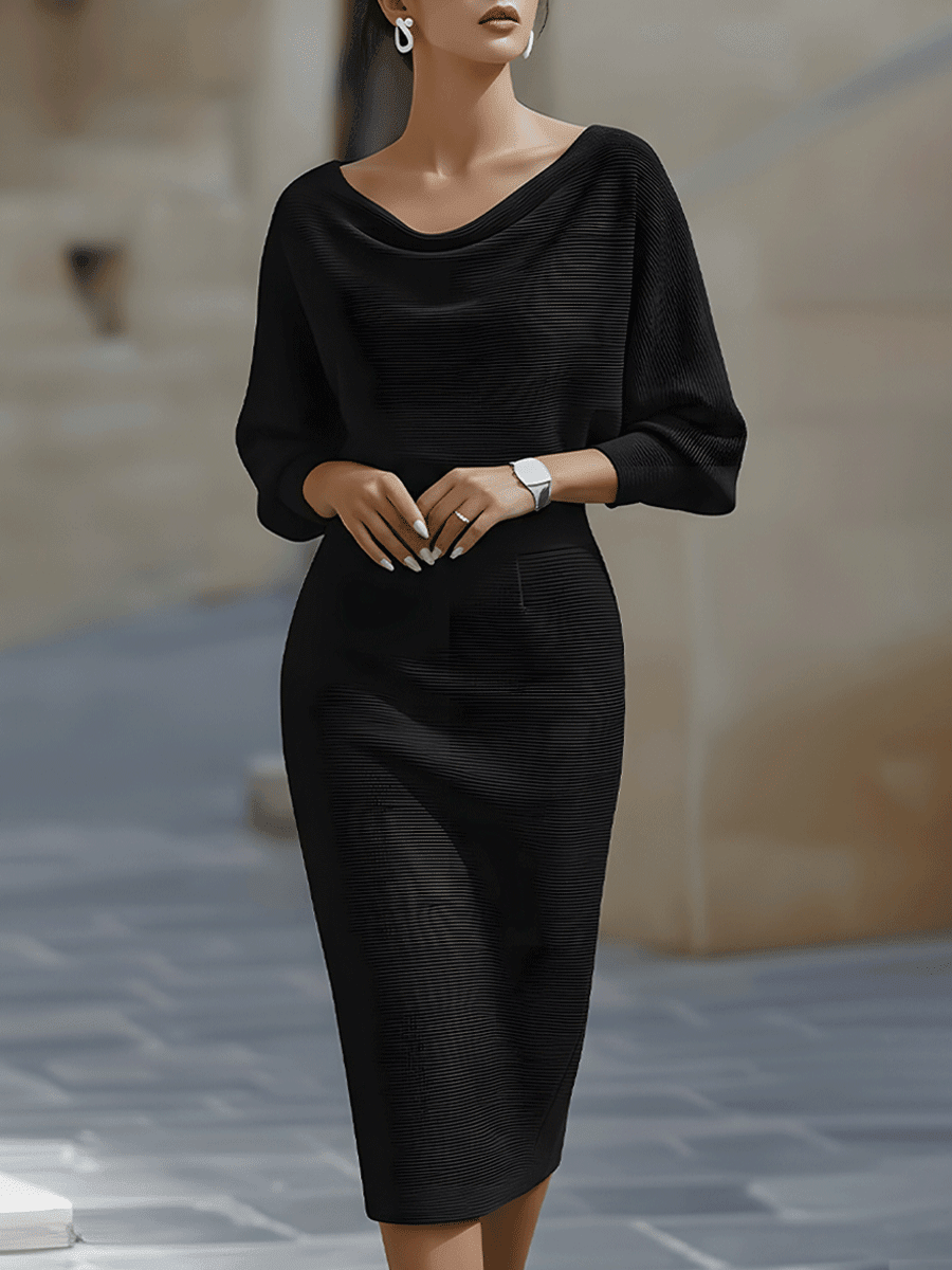 Women’s Long Sleeve Midi Dress with Draped Neckline and Batwing Sleeves