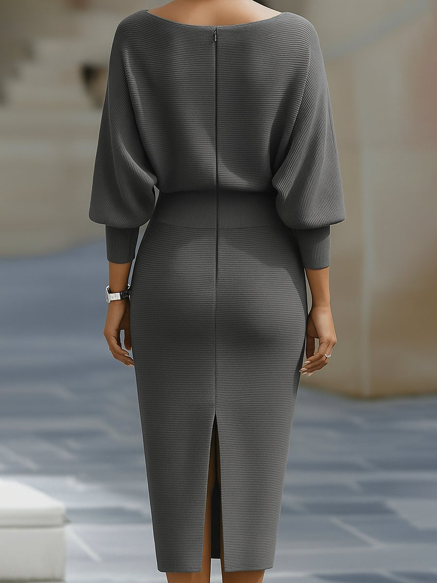 Women’s Long Sleeve Midi Dress with Draped Neckline and Batwing Sleeves