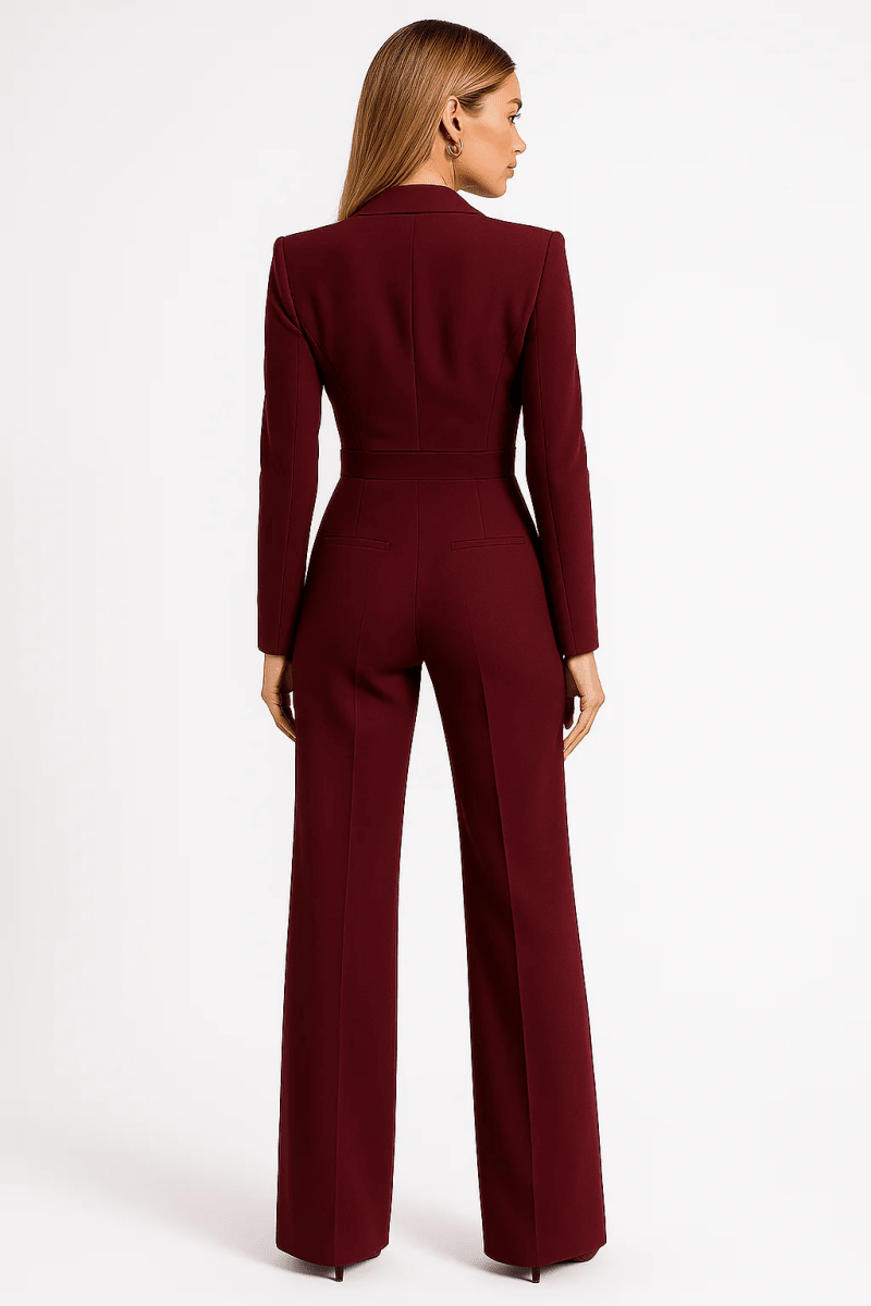 Women’s Long Sleeve V - Neck Jumpsuit with Wide Leg and Defined Waist