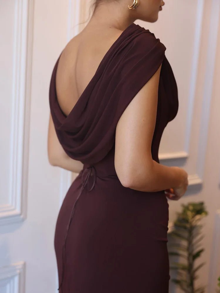 Women’s Maxi Dress with Draped Cowl Neck Sleeveless and Gathered Front Detail – Evening Dress