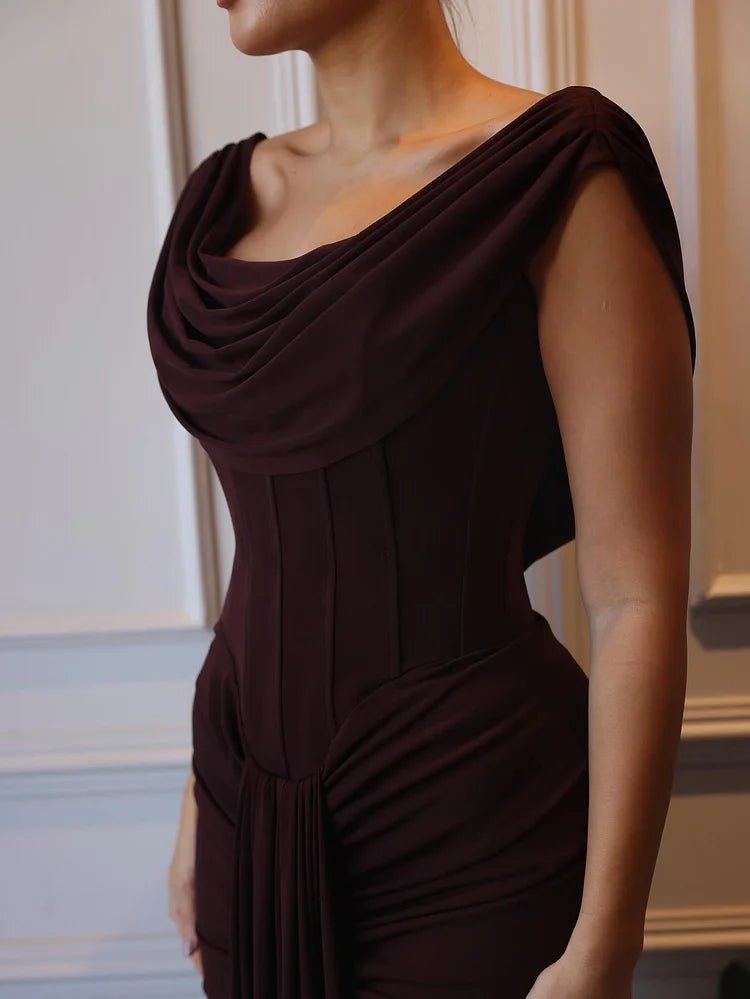 Women’s Maxi Dress with Draped Cowl Neck Sleeveless and Gathered Front Detail – Evening Dress
