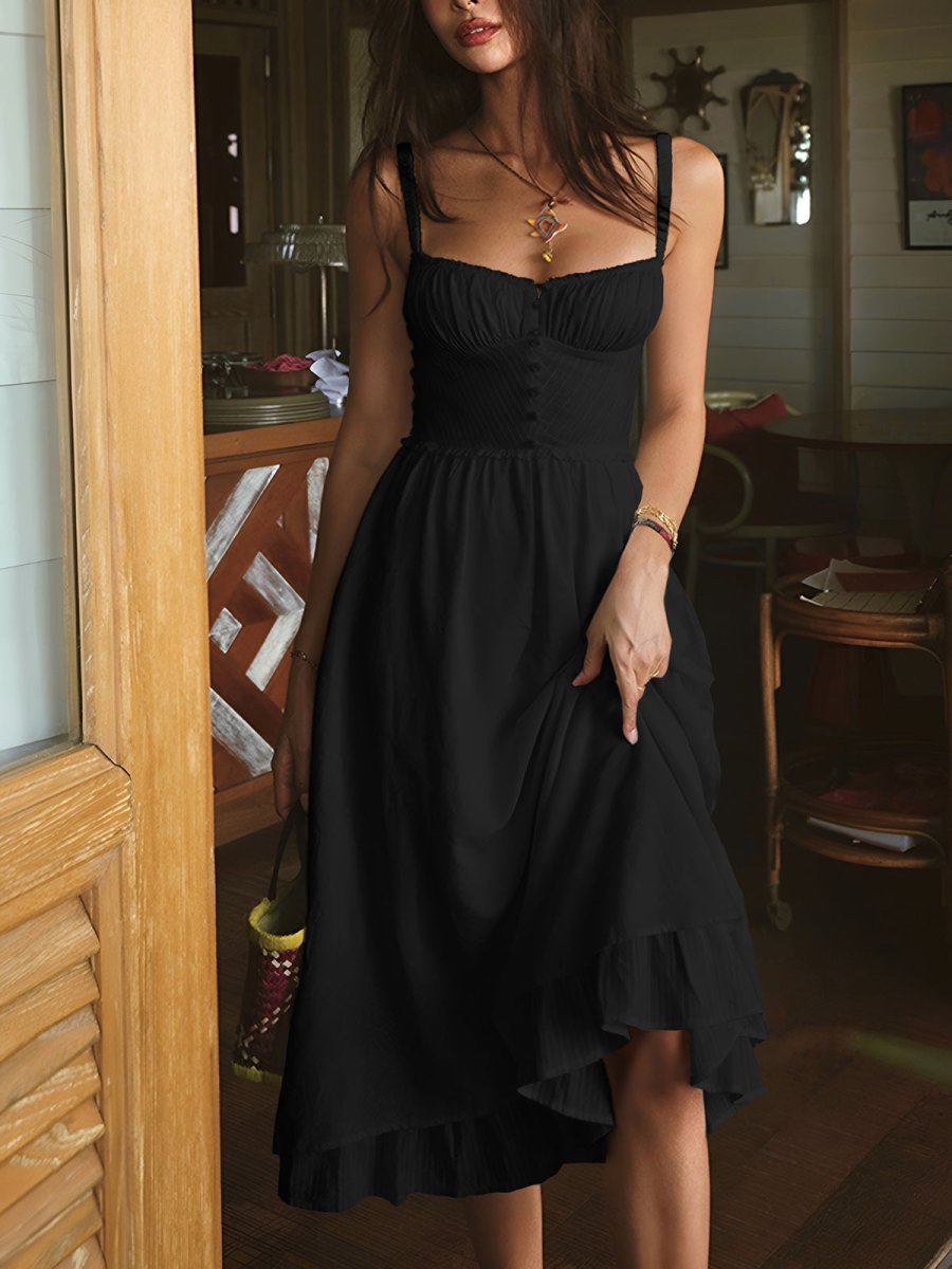 Women’s Midi Dress with Spaghetti Straps – Button Front Bodice and Ruffle Hem Summer Dress