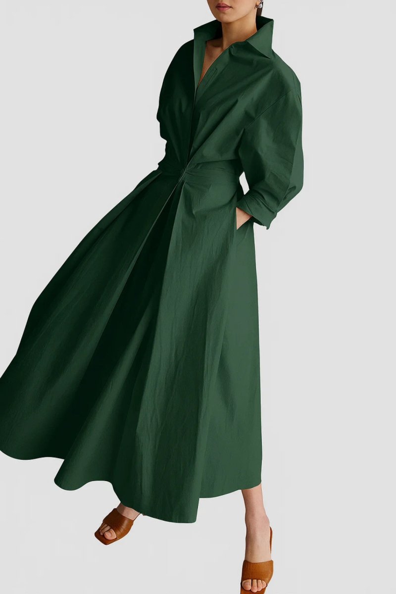 Women’s Midi Shirt Dress – Relaxed Fit with Three - Quarter Sleeves and Defined Waist
