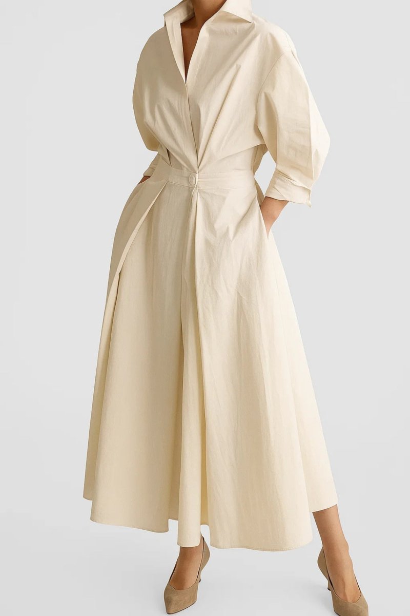 Women’s Midi Shirt Dress – Relaxed Fit with Three - Quarter Sleeves and Defined Waist