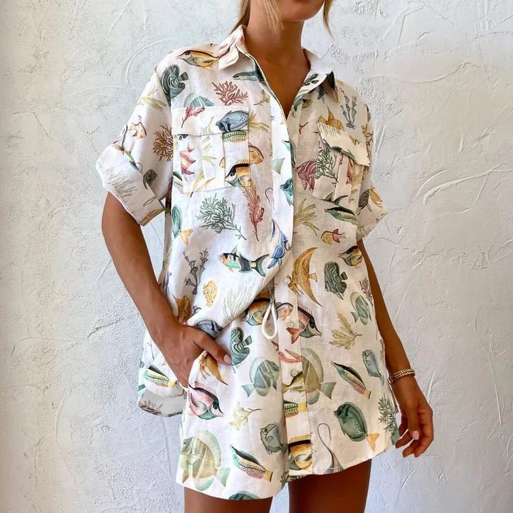Women’s Nature Print Button Up Shirt and Drawstring Shorts Set