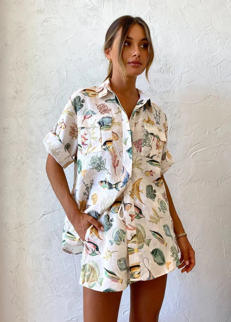 Women’s Nature Print Button Up Shirt and Drawstring Shorts Set