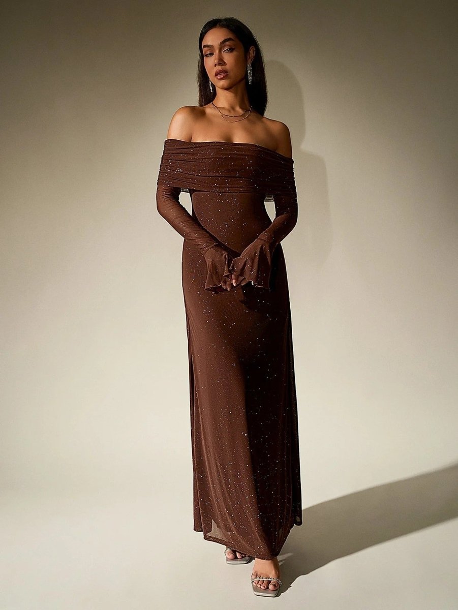 Women’s Off - Shoulder Glitter Maxi Dress with Long Sleeves