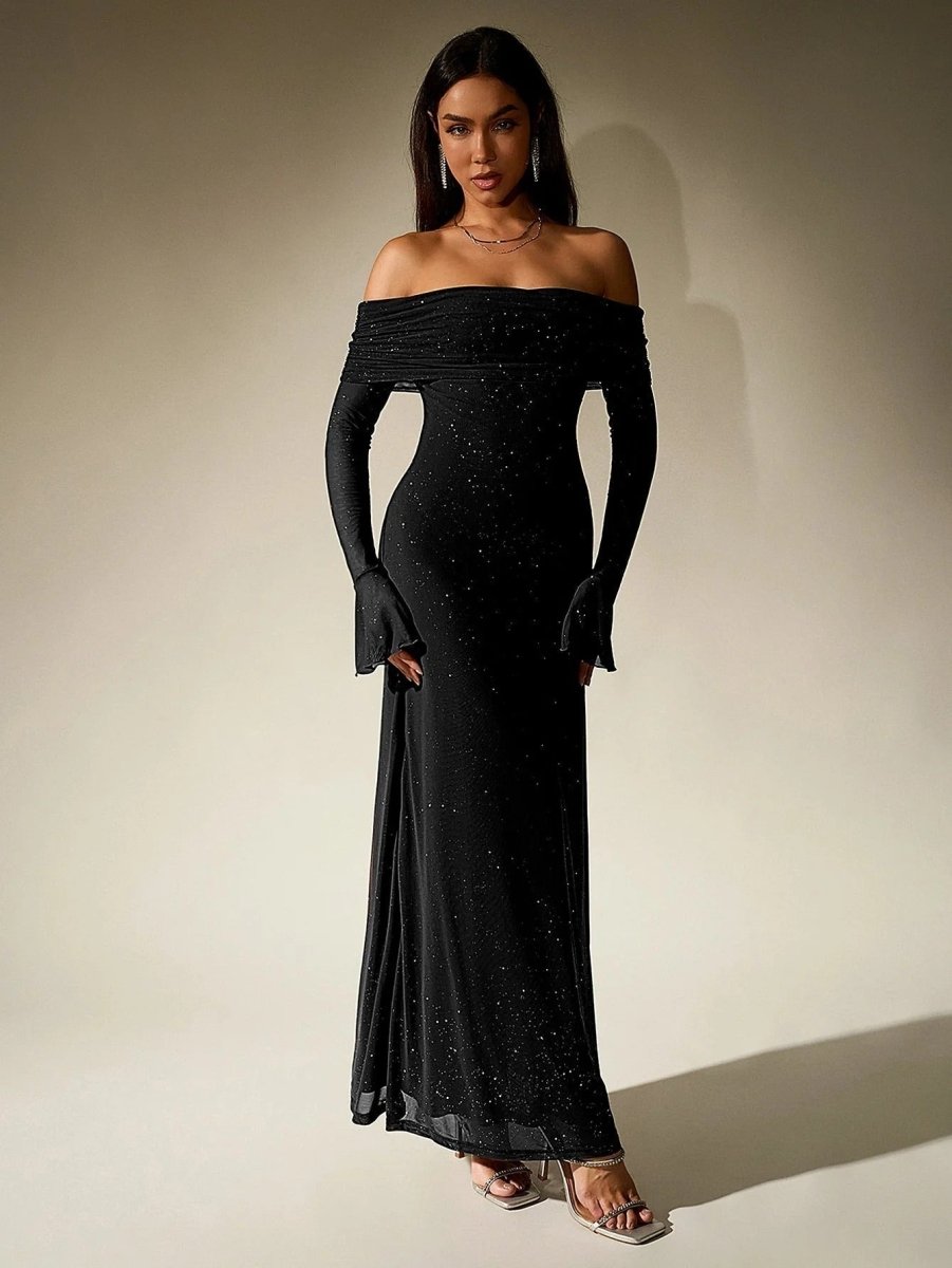 Women’s Off - Shoulder Glitter Maxi Dress with Long Sleeves