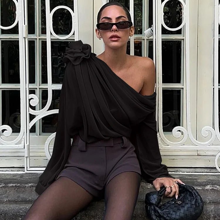 Women’s One Shoulder Blouse with Draped Design and Long Sleeve