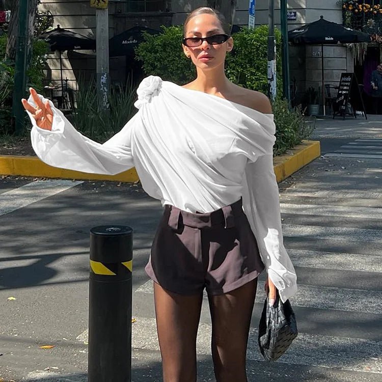 Women’s One Shoulder Blouse with Draped Design and Long Sleeve
