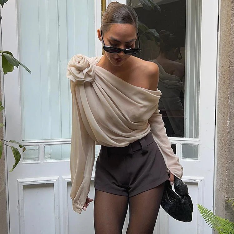 Women’s One Shoulder Blouse with Draped Design and Long Sleeve