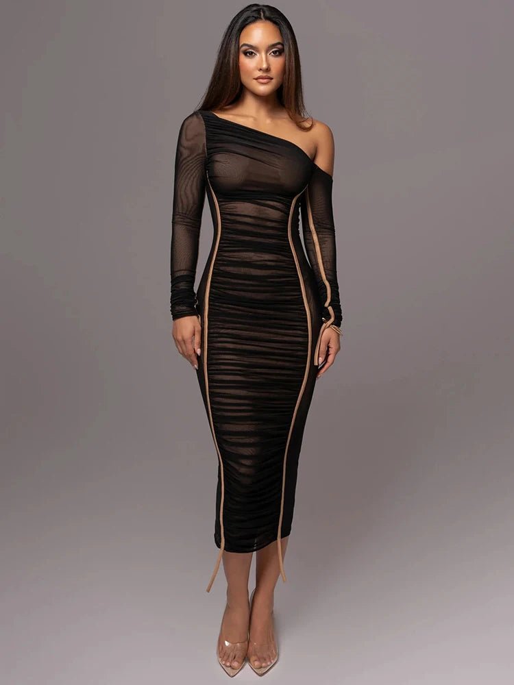 Women’s One - Shoulder Midi Dress with Long Sleeve and Ruched Detailing – Evening Dress