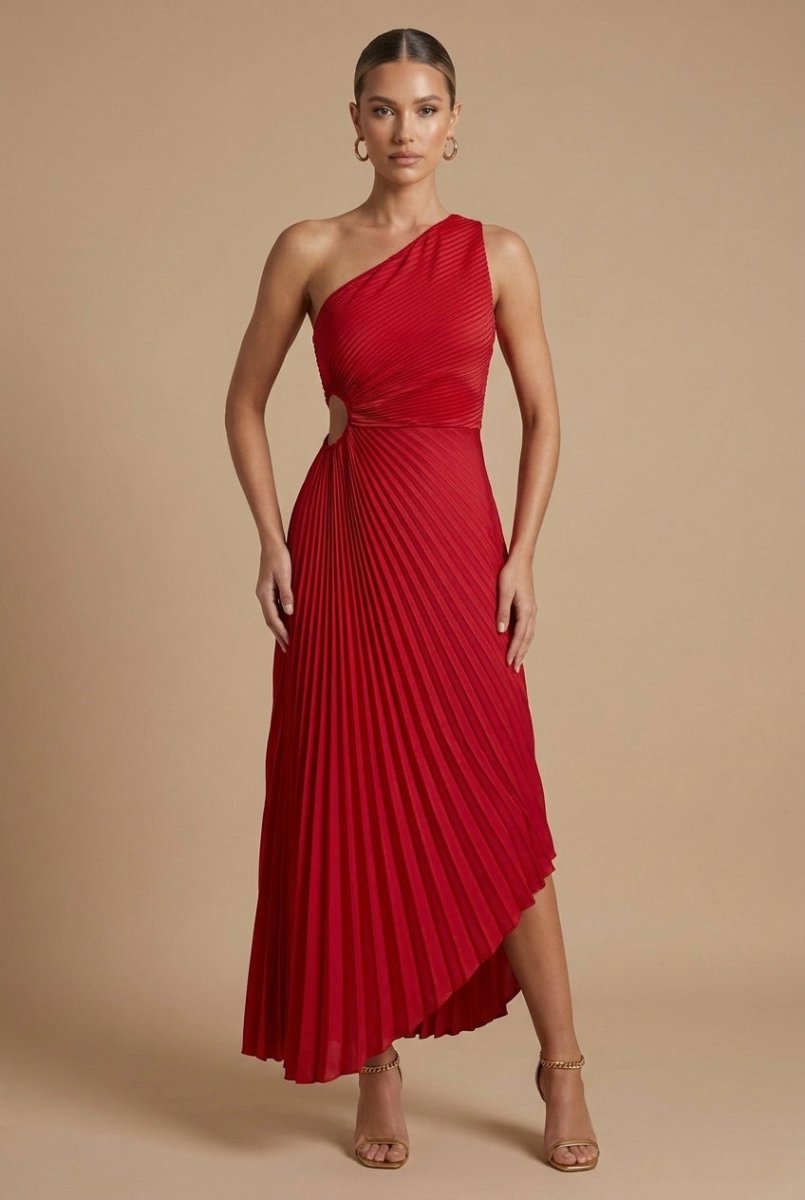 Women’s One Shoulder Pleated Maxi Dress with Side Cut - Out and Asymmetric Hem – Wedding Guest Dress