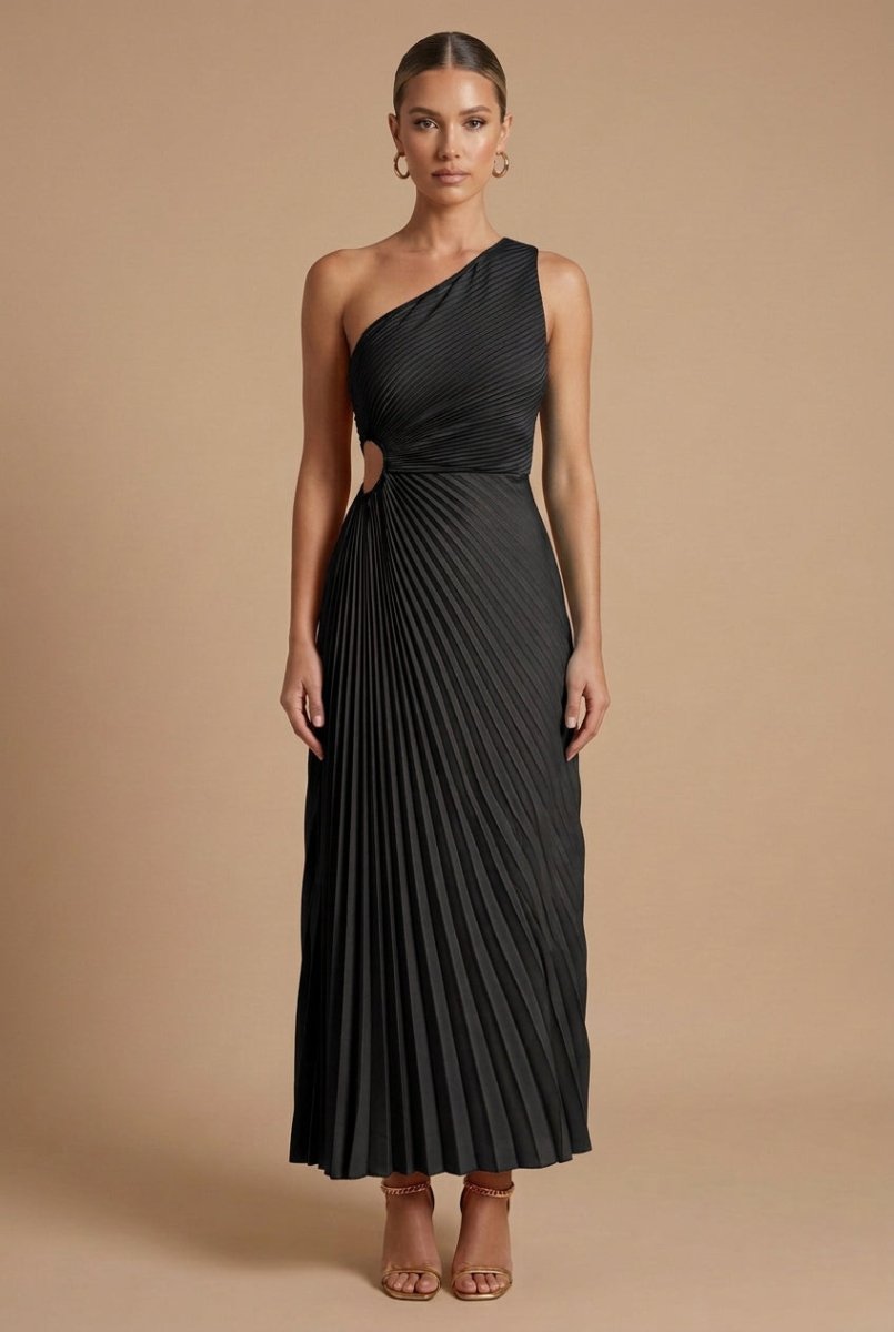 Women’s One Shoulder Pleated Maxi Dress with Side Cut - Out and Asymmetric Hem – Wedding Guest Dress
