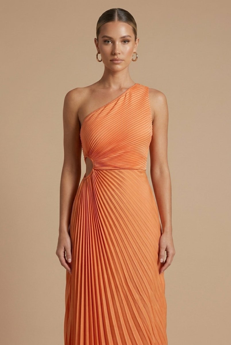 Women’s One Shoulder Pleated Maxi Dress with Side Cut - Out and Asymmetric Hem – Wedding Guest Dress