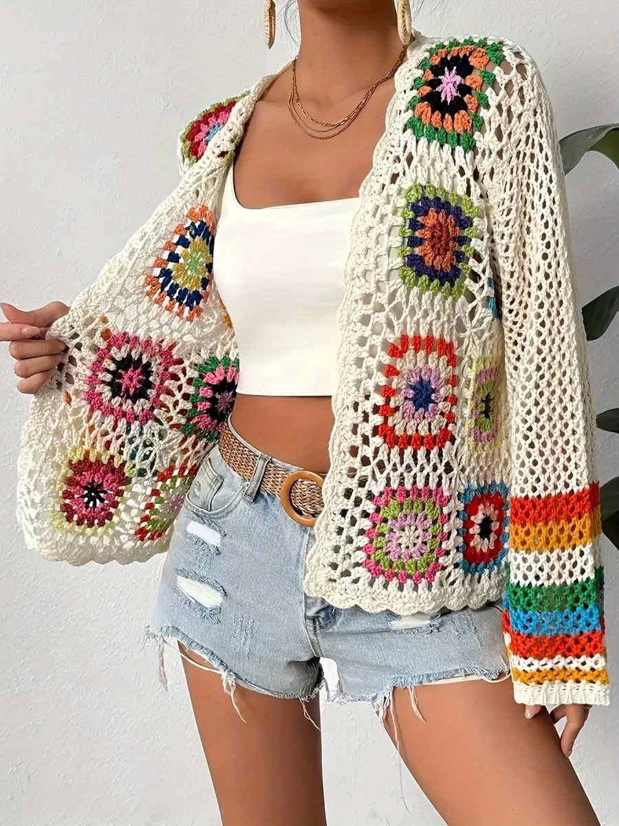 Women’s Open Front Crochet Cardigan with Long Sleeves and Mosaic Pattern Panels