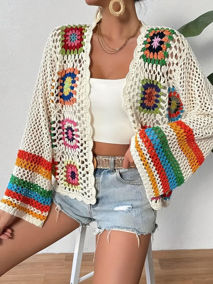 Women’s Open Front Crochet Cardigan with Long Sleeves and Mosaic Pattern Panels