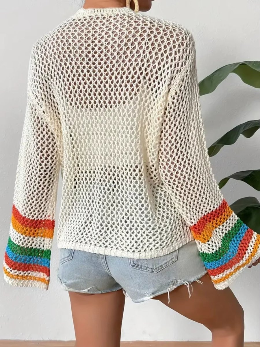 Women’s Open Front Crochet Cardigan with Long Sleeves and Mosaic Pattern Panels