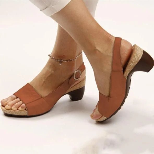 Women’s Open - Toe Slingback Sandals with Low Heel and Side Button Detail