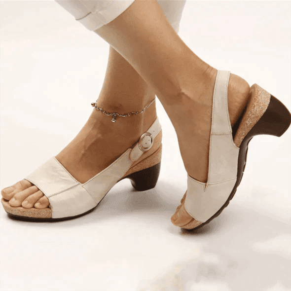 Women’s Open - Toe Slingback Sandals with Low Heel and Side Button Detail