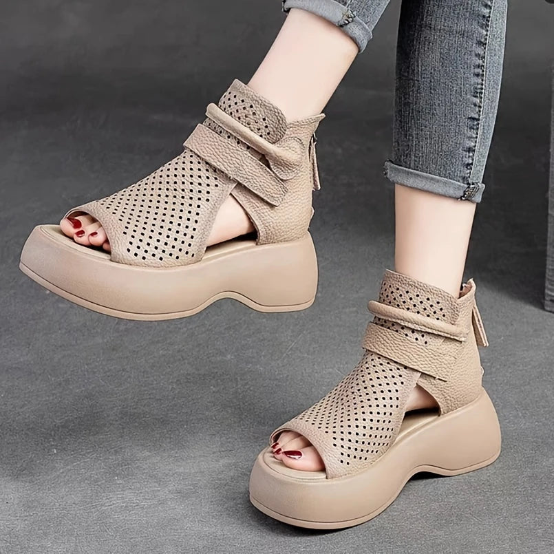Women’s Perforated Leather Platform Sandals – Open Toe Wedge Ankle Strap Shoes