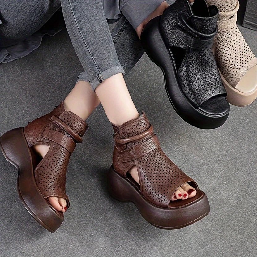 Women’s Perforated Leather Platform Sandals – Open Toe Wedge Ankle Strap Shoes