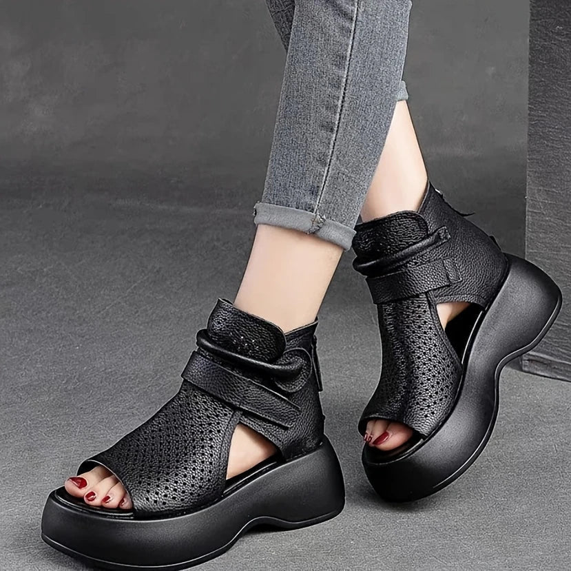 Women’s Perforated Leather Platform Sandals – Open Toe Wedge Ankle Strap Shoes