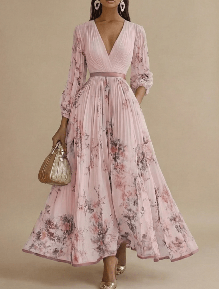 Women’s Pleated Maxi Dress with V - Neck and Long Sleeves