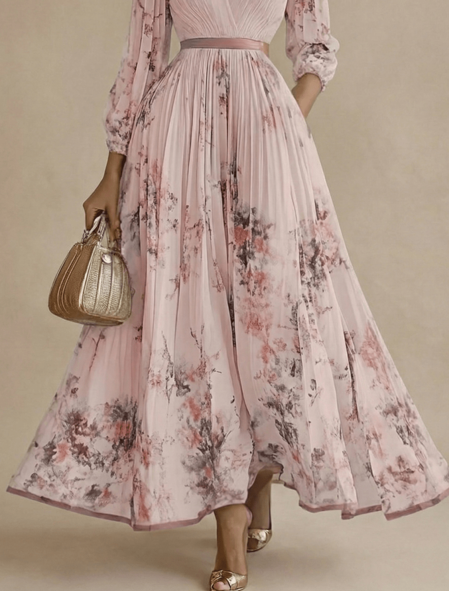 Women’s Pleated Maxi Dress with V - Neck and Long Sleeves
