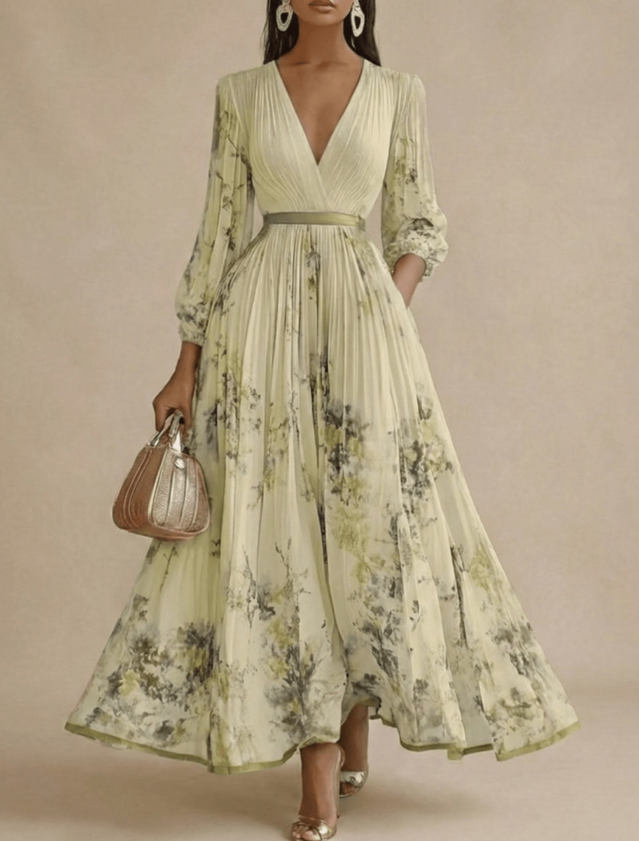 Women’s Pleated Maxi Dress with V - Neck and Long Sleeves
