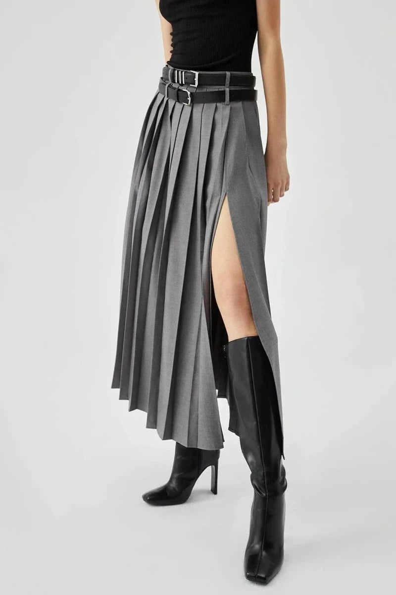 Women’s Pleated Maxi Skirt with High Waist and Side Split