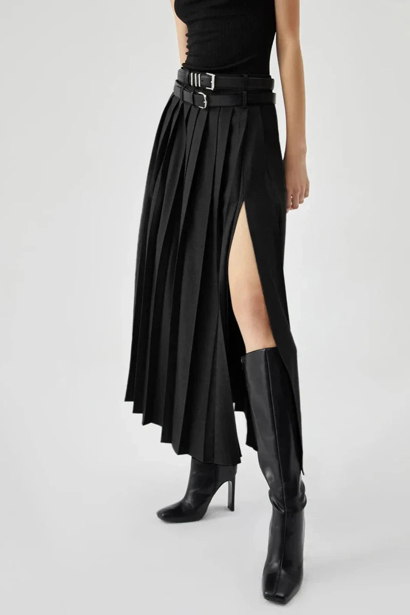 Women’s Pleated Maxi Skirt with High Waist and Side Split