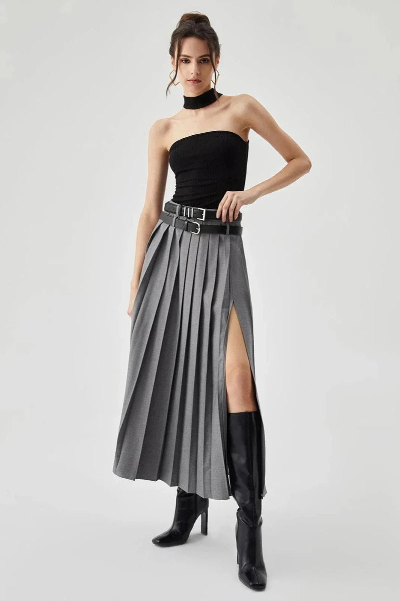 Women’s Pleated Maxi Skirt with High Waist and Side Split