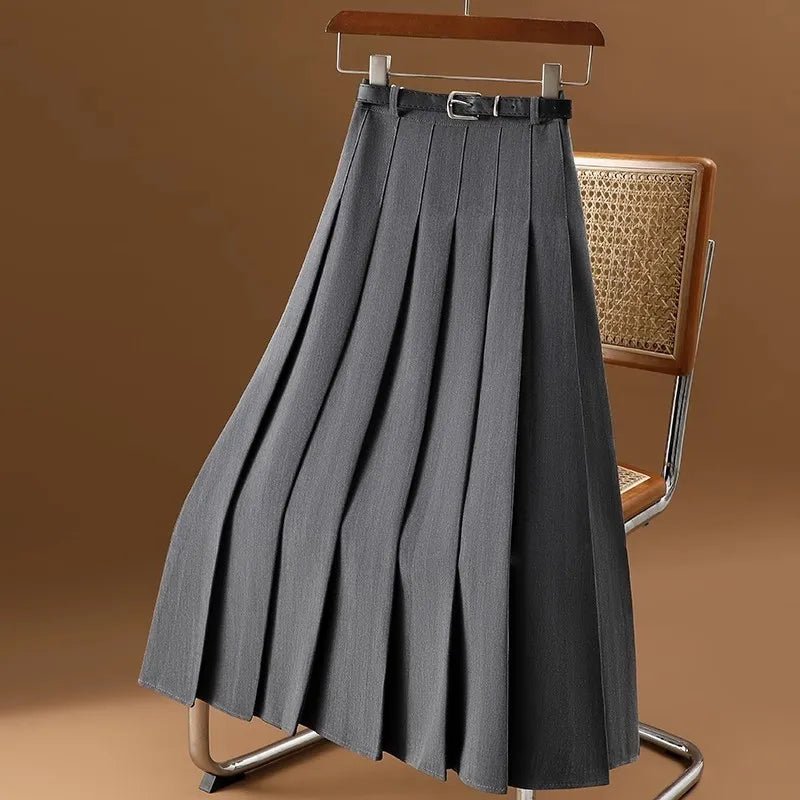 Women’s Pleated Midi Skirt with High Waist and Belt