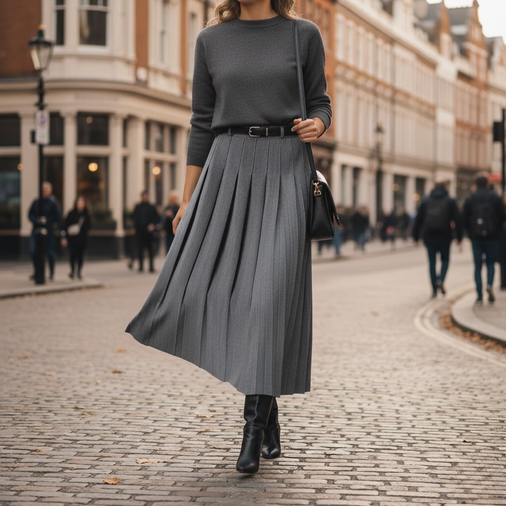 Women’s Pleated Midi Skirt with High Waist and Belt