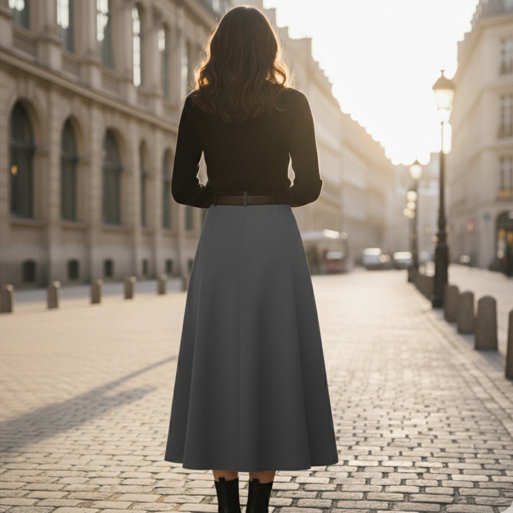 Women’s Pleated Midi Skirt with High Waist and Belt