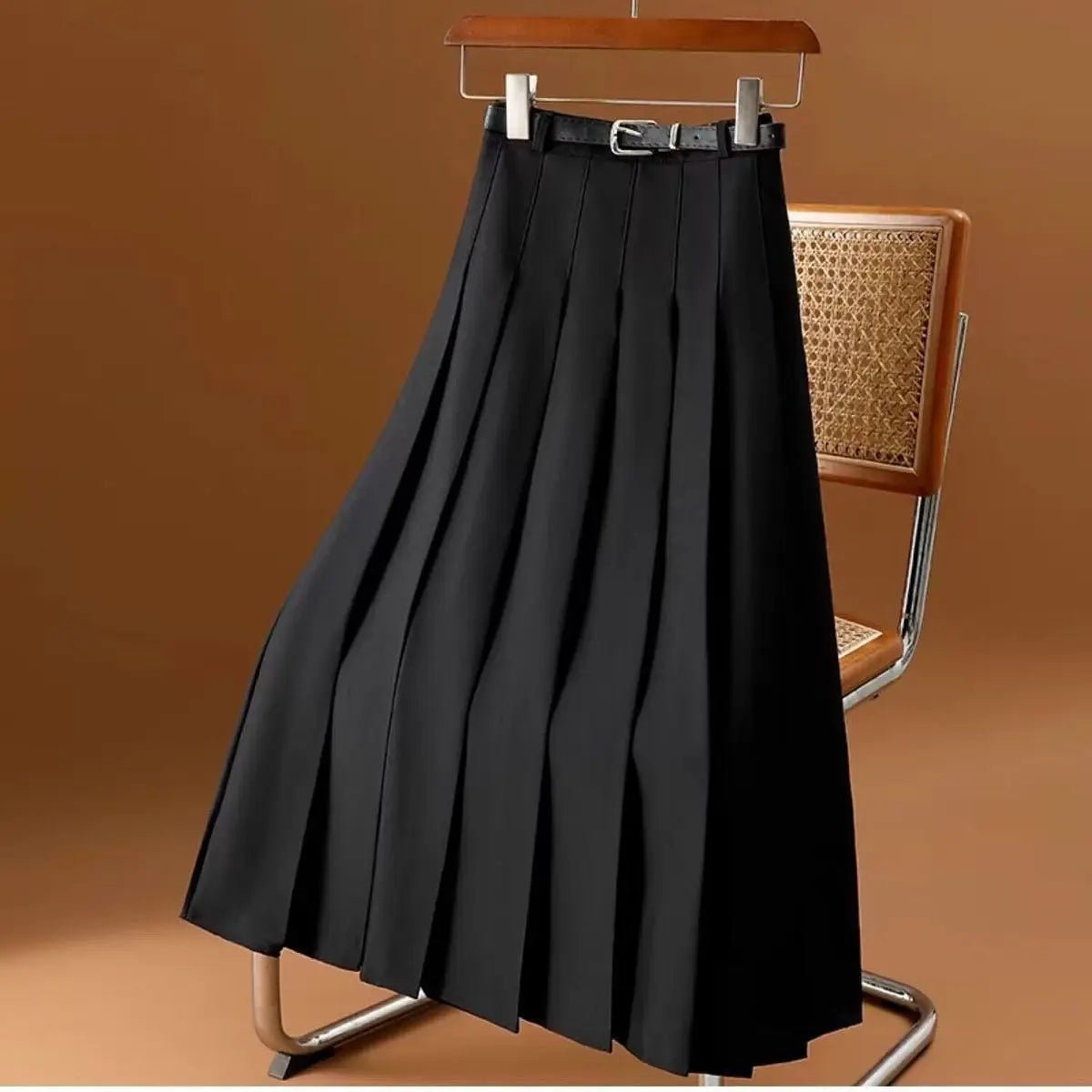Women’s Pleated Midi Skirt with High Waist and Belt