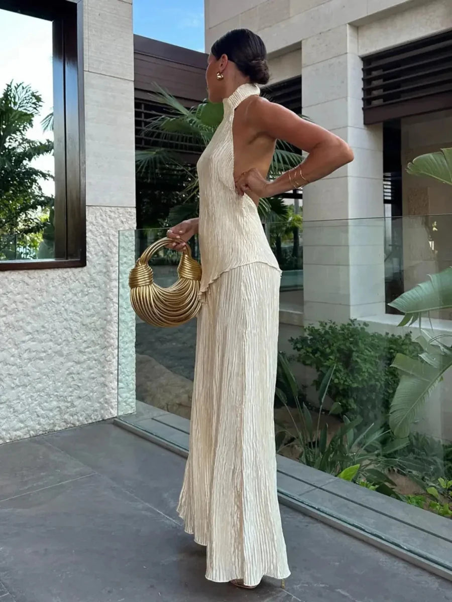 Women’s Pleated Two - Piece Set with Halter Neck Top and Wide - Leg Pants