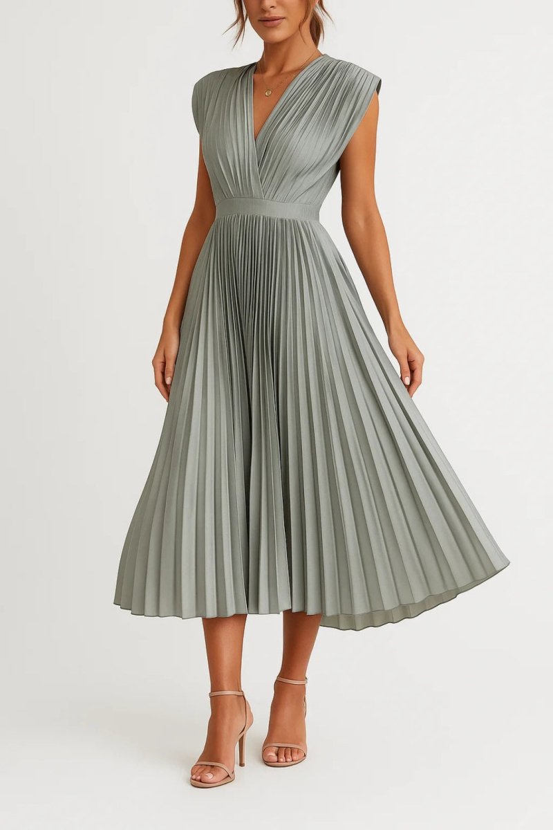 Women’s Pleated V - Neck Midi Dress with Structured Waist