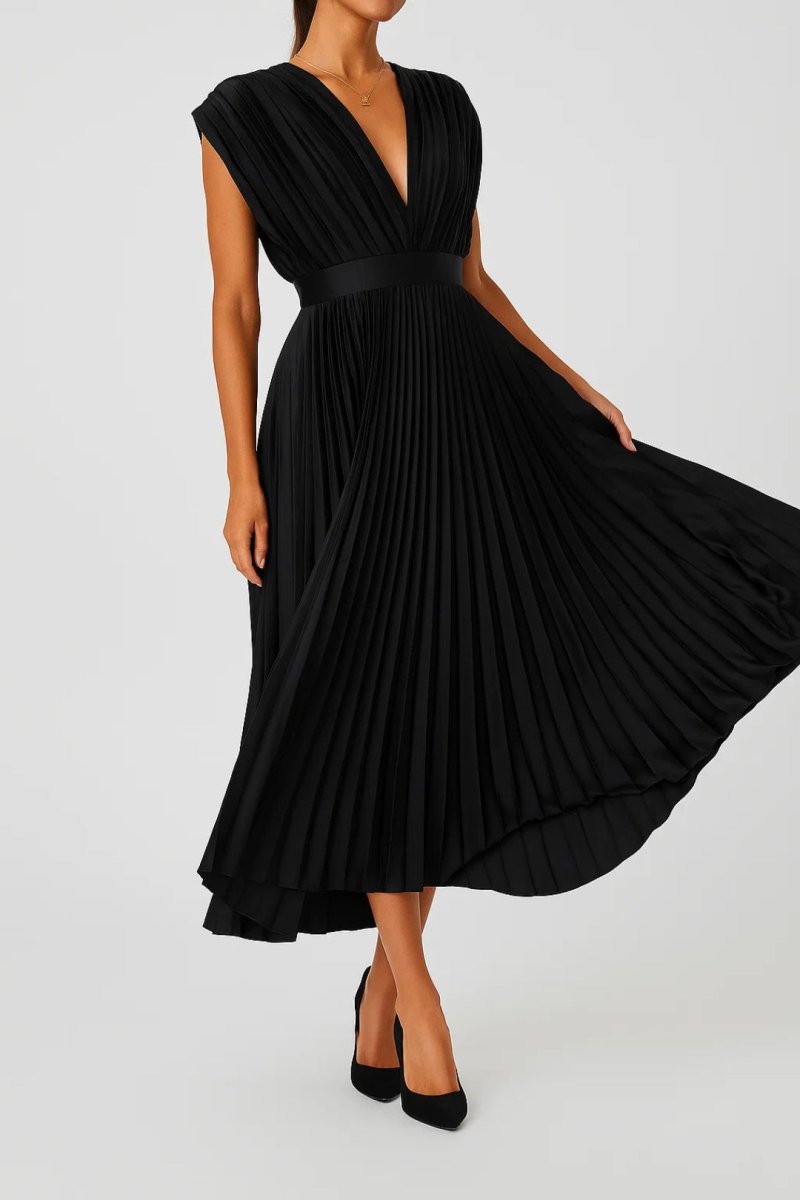 Women’s Pleated V - Neck Midi Dress with Structured Waist
